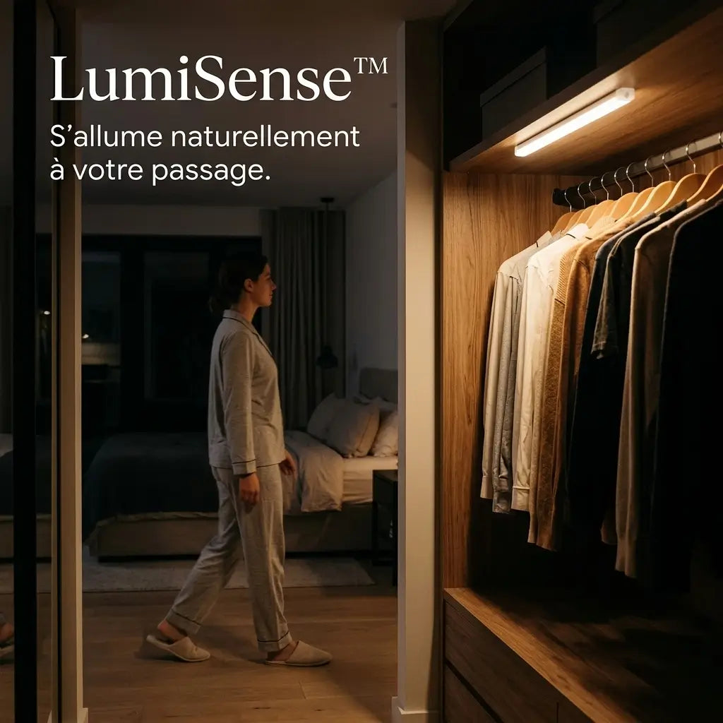 Barre LED LumiSense™ éclairant automatiquement une armoire pendant la nuit.