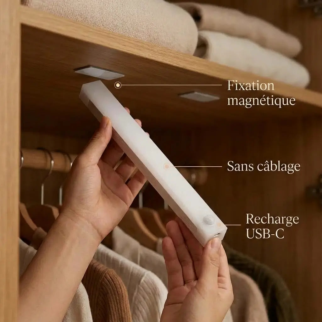 Instalação magnética sem fios da barra LED LumiSense™ com carregamento USB-C.