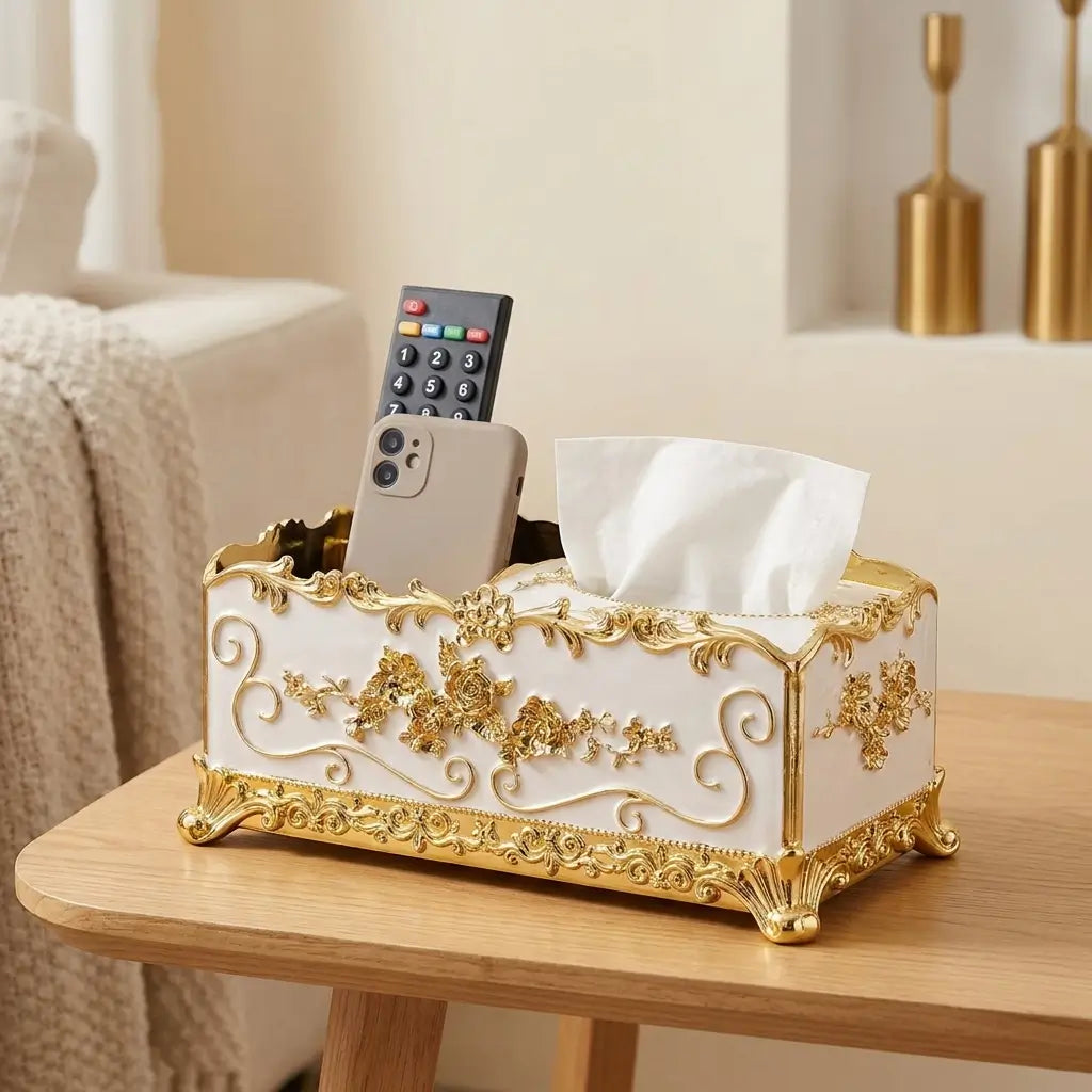 Boîte à mouchoirs décorative avec rangement pour télécommande et téléphone.