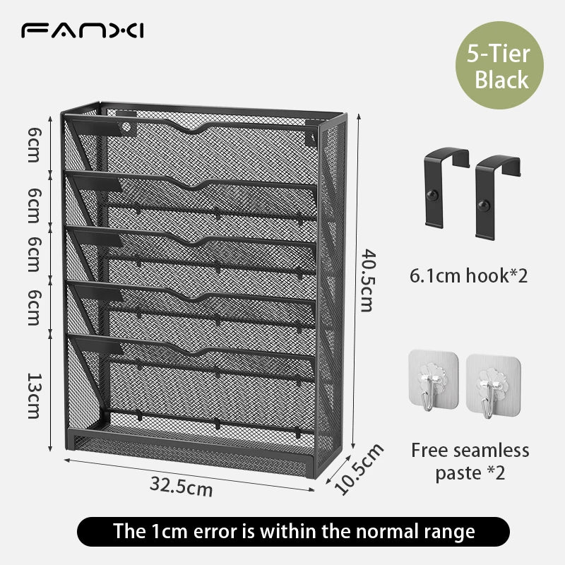 Desk File Organizer Mesh 5-Tier, Hanging Wall Mount Document Organization Stand, Desktop Vertical Mail Paper Folder Holder Rack