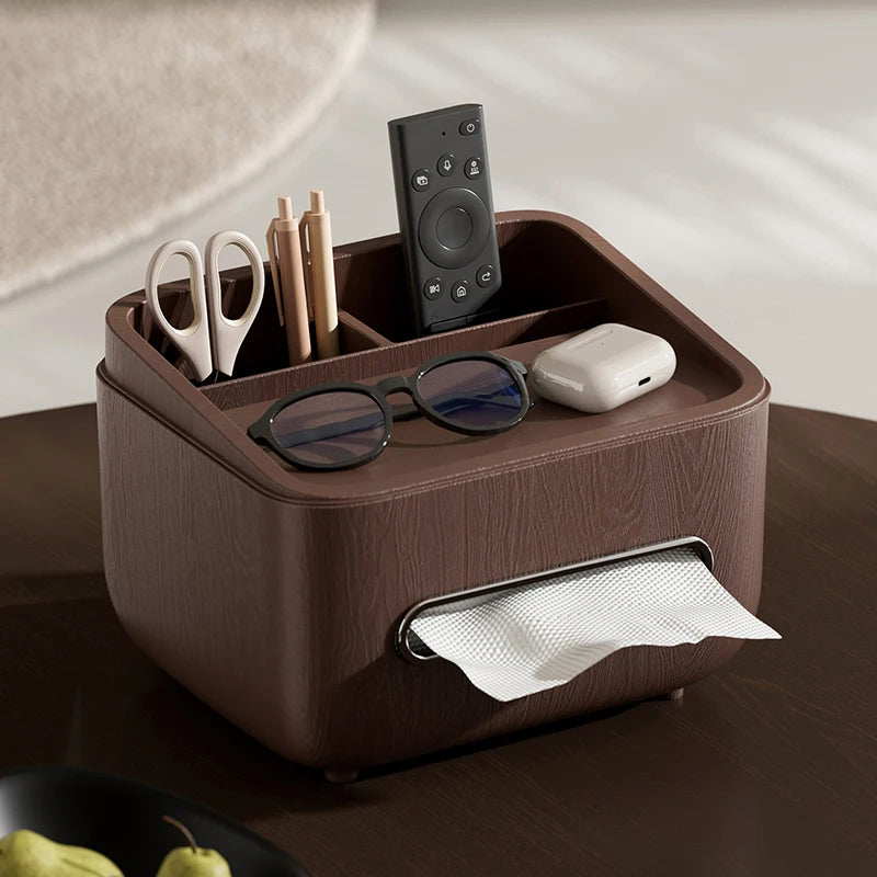 Organiseur multifonction marron aspect bois avec compartiments et boîte à mouchoirs intégrée.