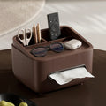 Organiseur multifonction marron aspect bois avec compartiments et boîte à mouchoirs intégrée.