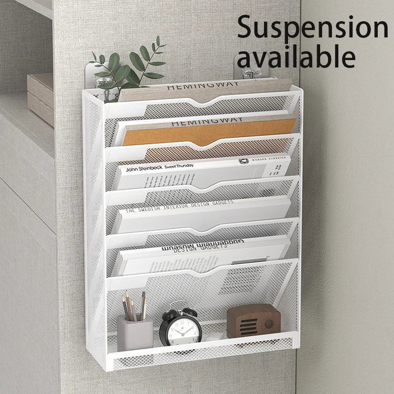 Desk File Organizer Mesh 5-Tier, Hanging Wall Mount Document Organization Stand, Desktop Vertical Mail Paper Folder Holder Rack