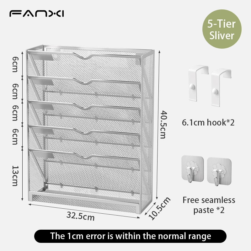 Desk File Organizer Mesh 5-Tier, Hanging Wall Mount Document Organization Stand, Desktop Vertical Mail Paper Folder Holder Rack