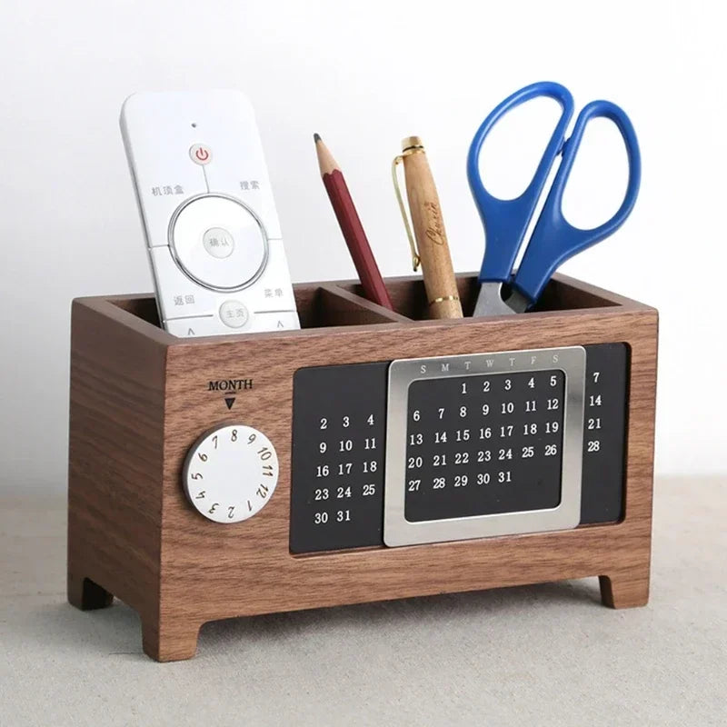 Stationery Control Wooden Multifunctional Box Organizer Holder Remote Storage Pen Pencil Desktop Calendar Creative