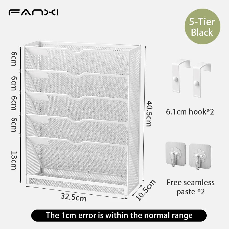 Desk File Organizer Mesh 5-Tier, Hanging Wall Mount Document Organization Stand, Desktop Vertical Mail Paper Folder Holder Rack