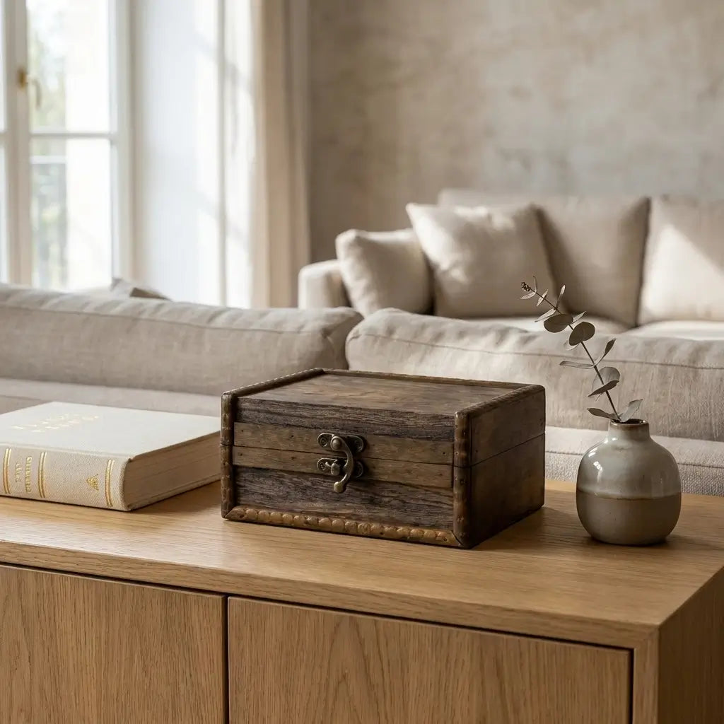 Boîte vintage en bois Vintelle avec fermeture métallique, posée sur un buffet de salon.
