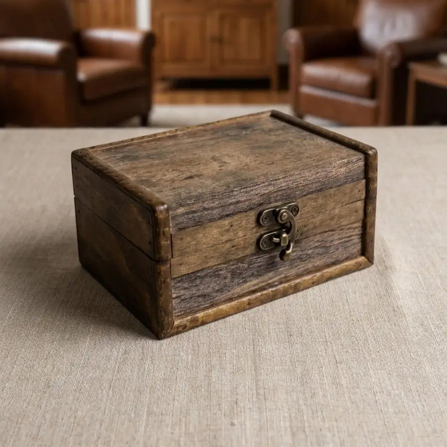 Boîte de rangement Vintelle en bois marron de style vintage avec fermeture métallique.