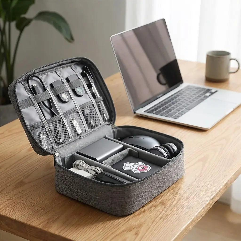 Nomad ouvert, avec les câbles, les chargeurs, la batterie externe, la souris et le disque dur bien rangés.