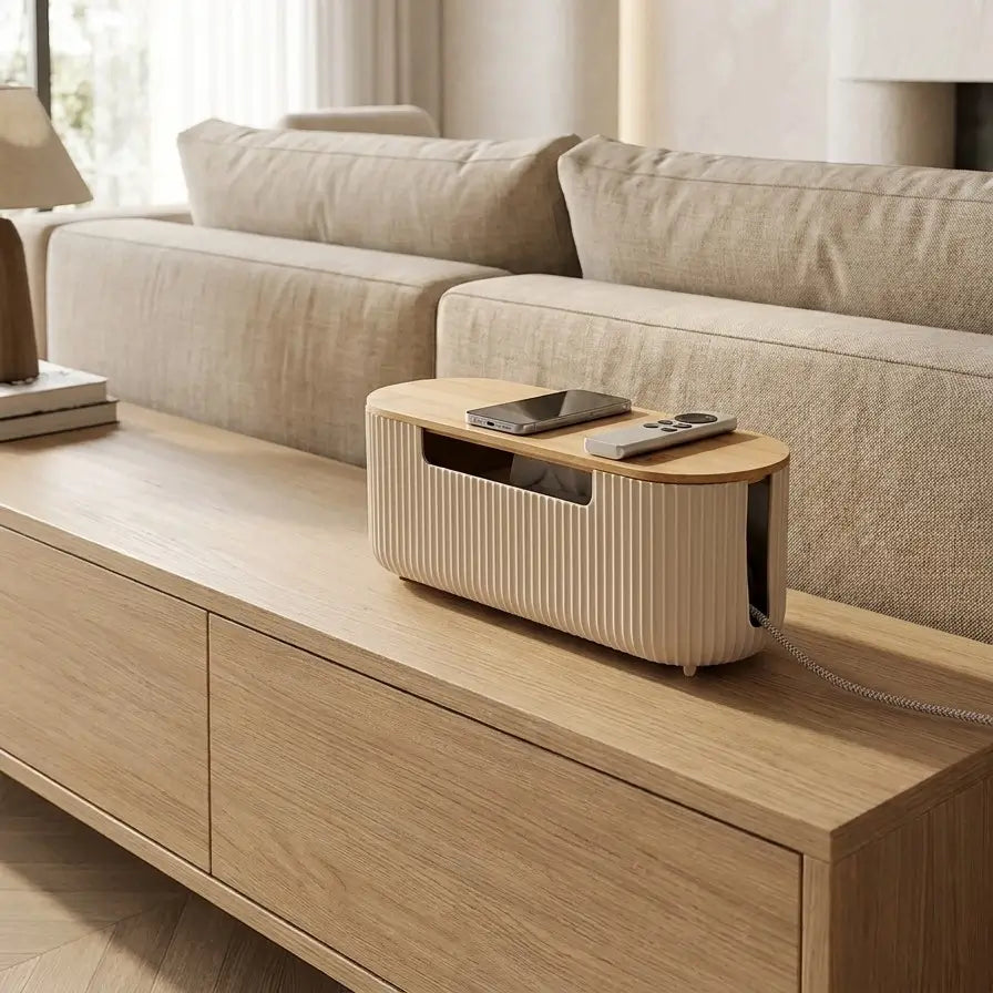 Boîte de rangement pour câbles beige avec couvercle, posée sur le meuble TV.
