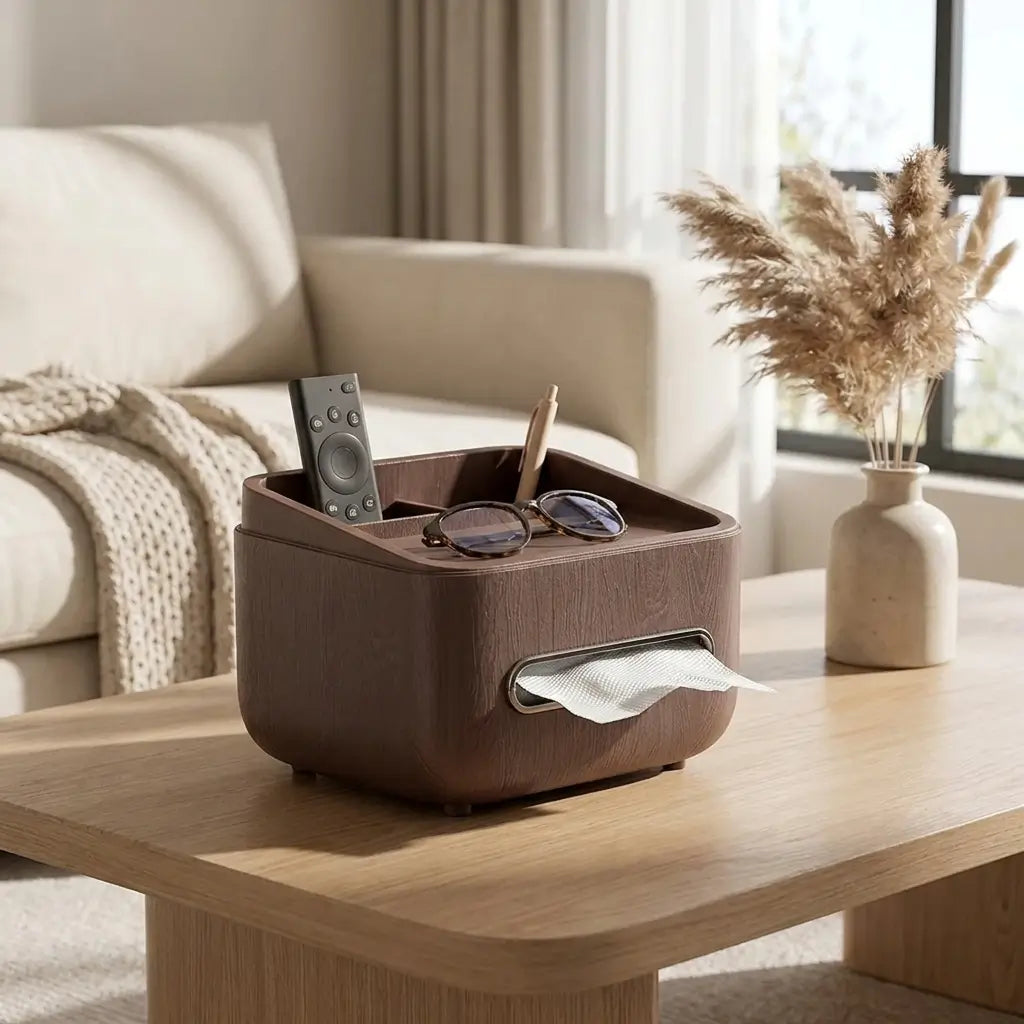 Boîte à mouchoirs multifonction avec organiseur aspect bois marron.