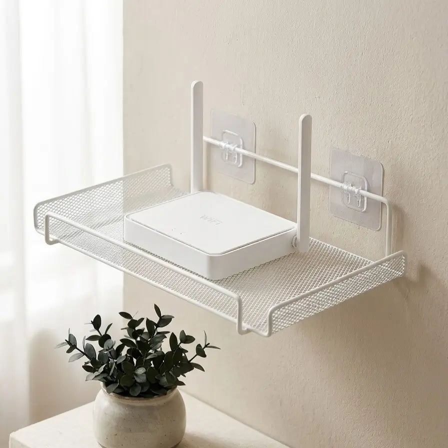 Étagère de rangement blanche pour routeur, avec structure métallique ajourée.