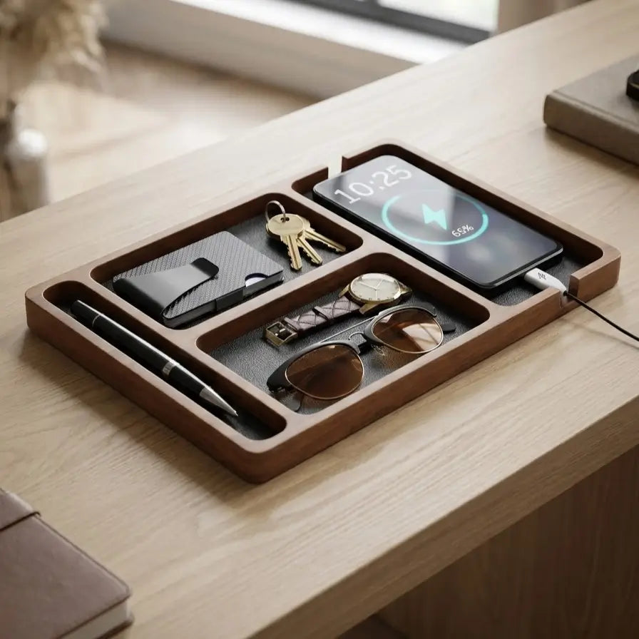 Valet permettant de ranger un portefeuille, un téléphone portable, des clés, une montre, des lunettes et d'autres objets personnels.