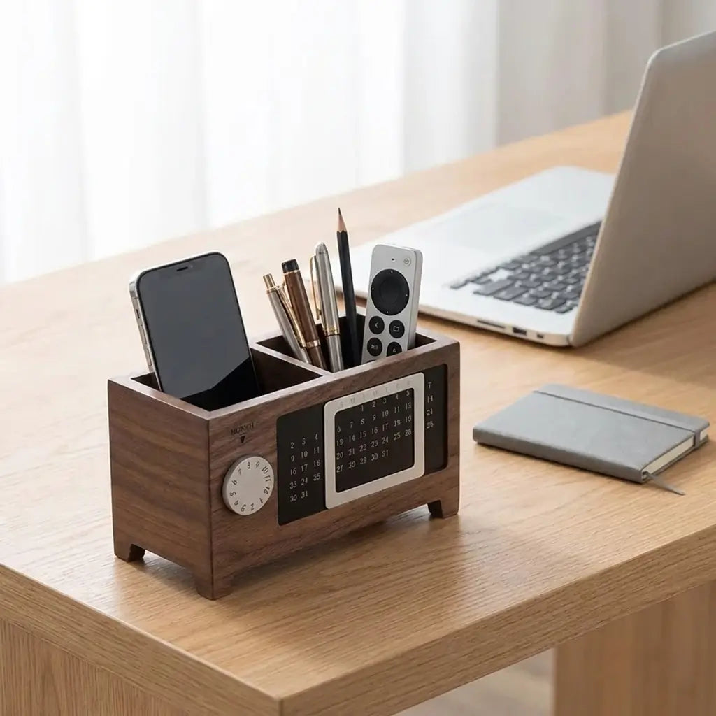 Horloge servant à la fois de porte-stylos, de support pour téléphone portable, de porte-télécommande et de calendrier.