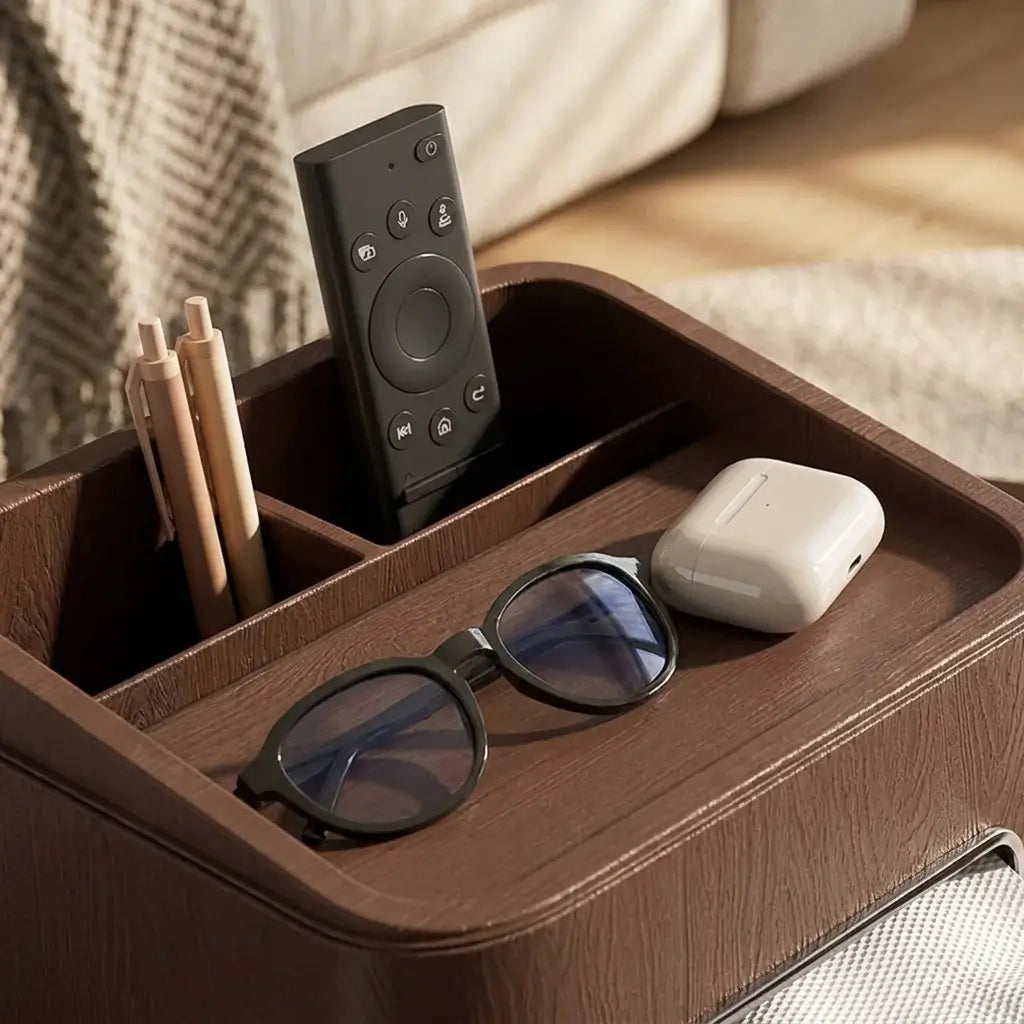 Organiseur aspect bois avec compartiments pour télécommande, lunettes et petits accessoires.