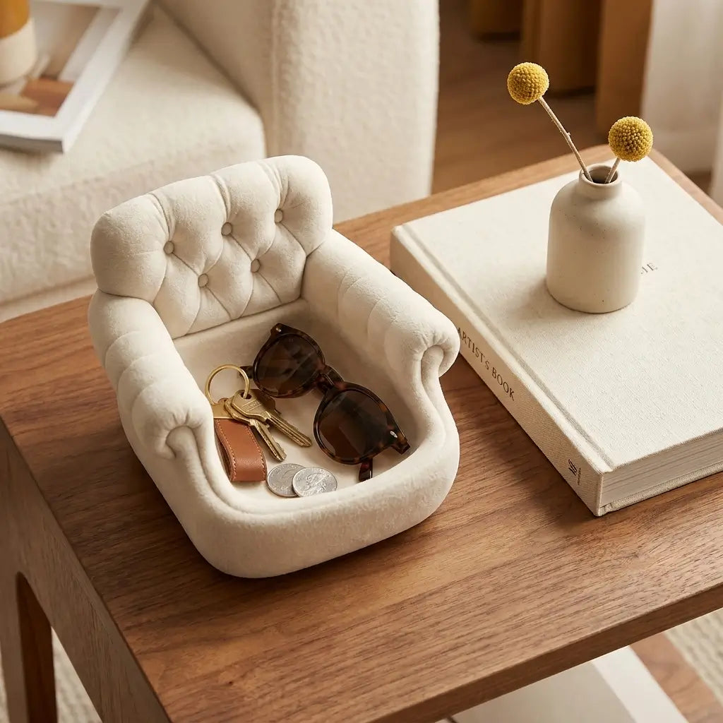 Mini-range-tout Chesterelle pour ranger les clés, les lunettes et les petits accessoires dans le salon.
