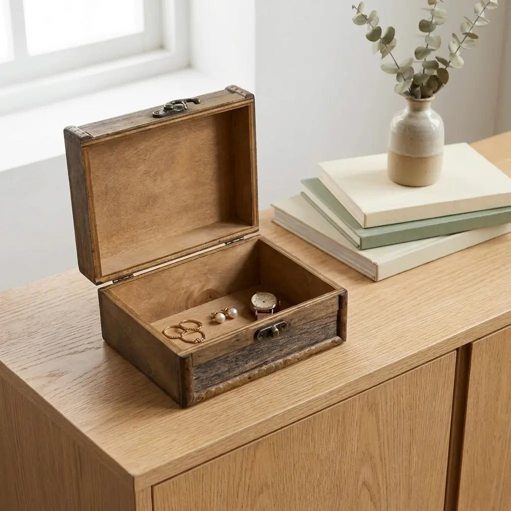 Boîte en bois vintage ouverte pour ranger des bijoux et de petits accessoires.