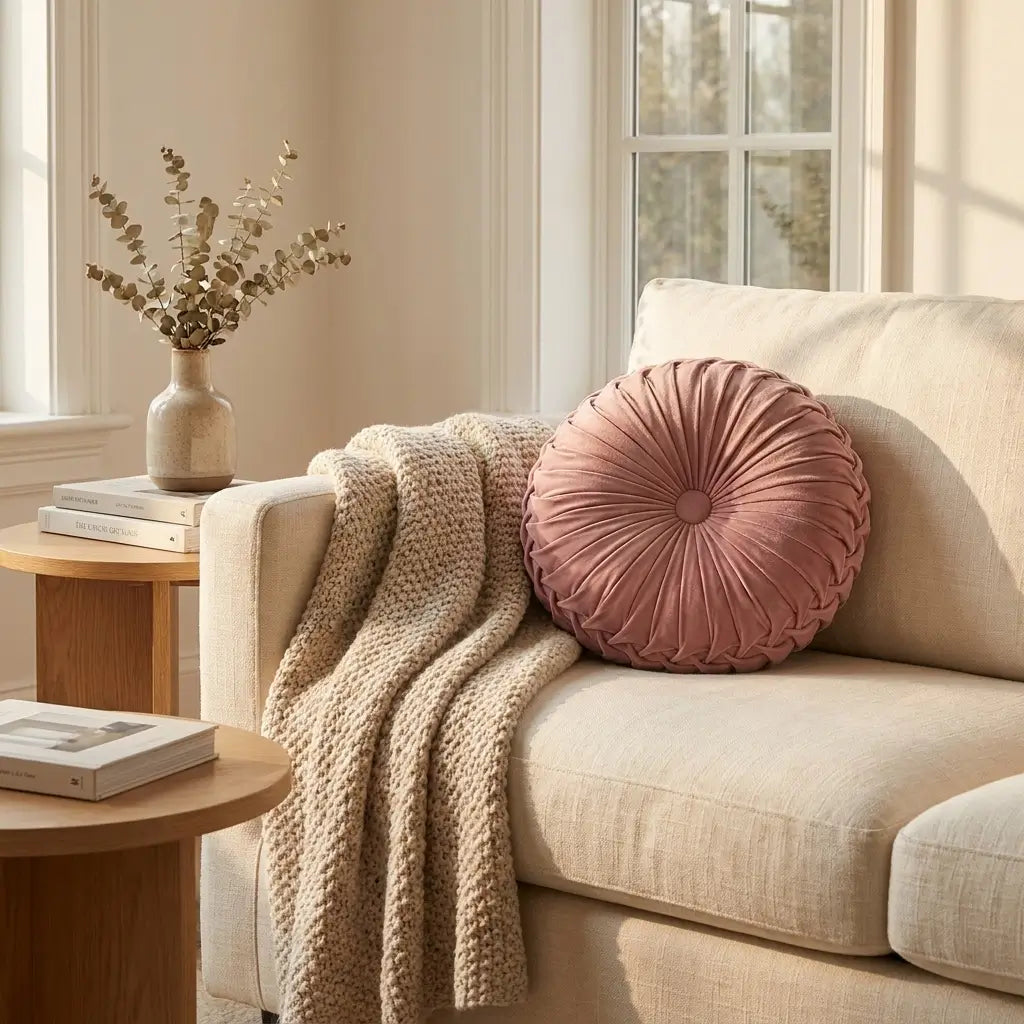 Coussin décoratif rond, rose antique, sur un canapé de couleur neutre.