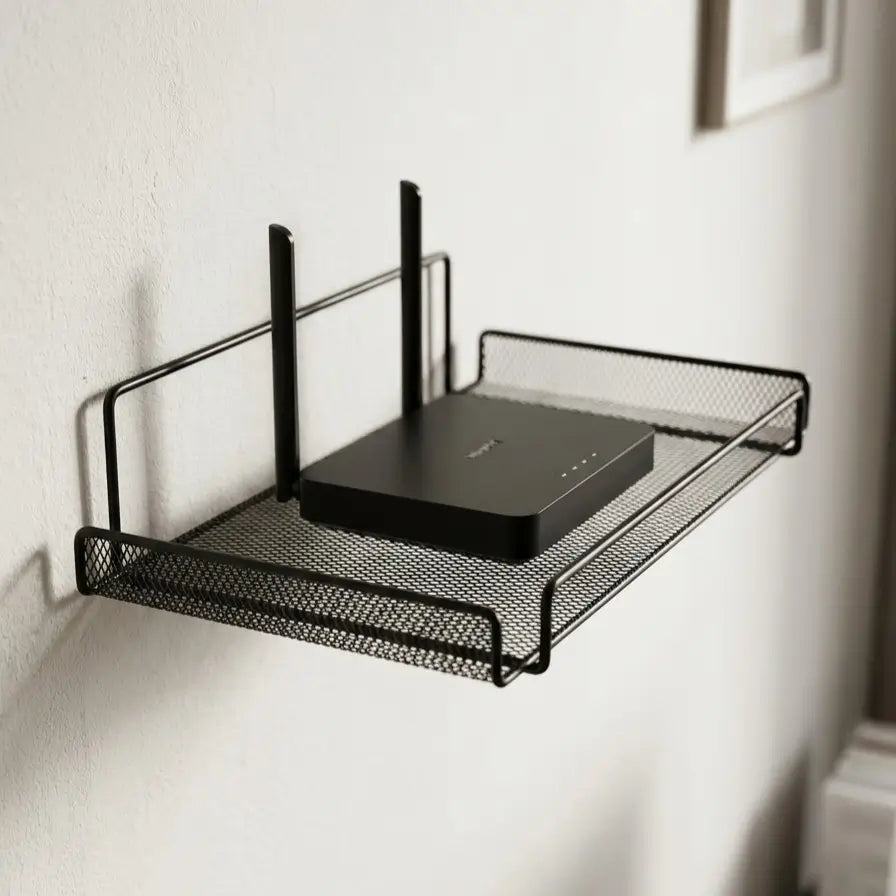 Étagère de rangement noire pour routeur, avec rebords latéraux et structure ajourée.