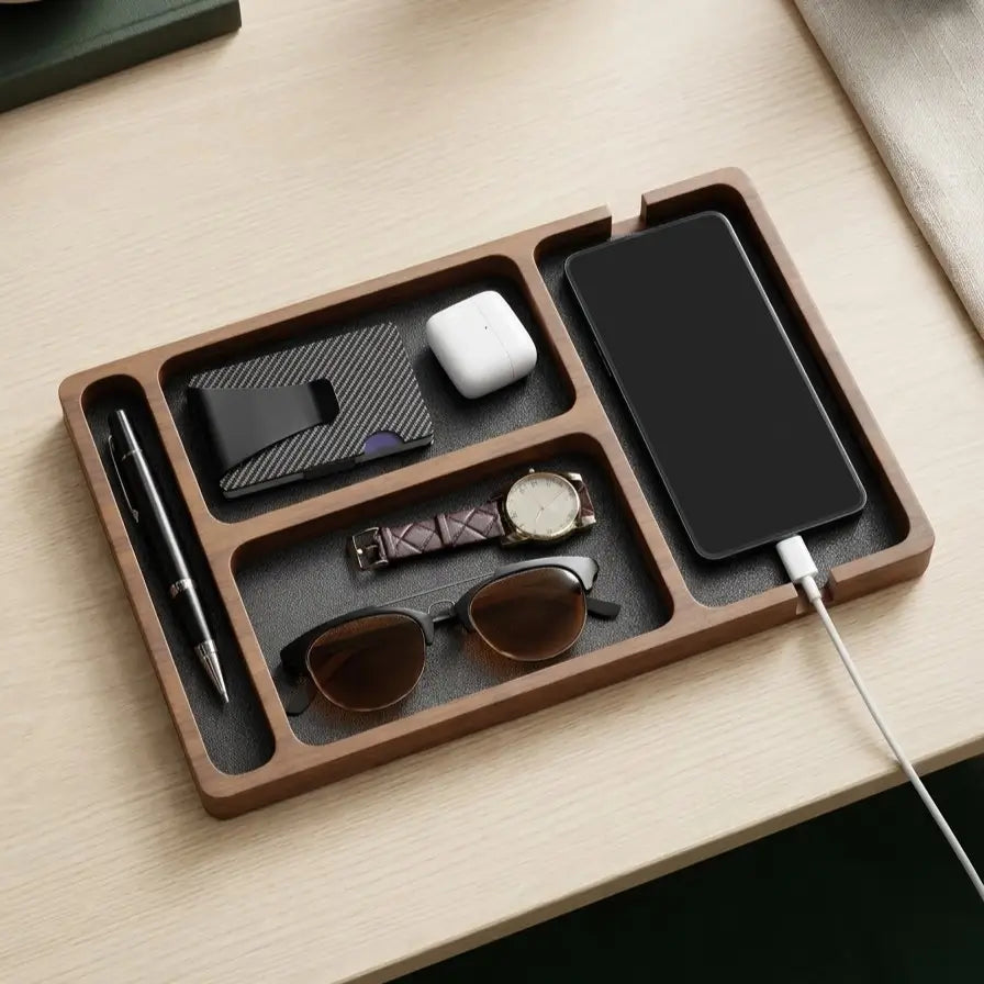Compartiments du Valet permettant de ranger un téléphone portable, un portefeuille, une montre, des lunettes, des AirPods et un stylo.