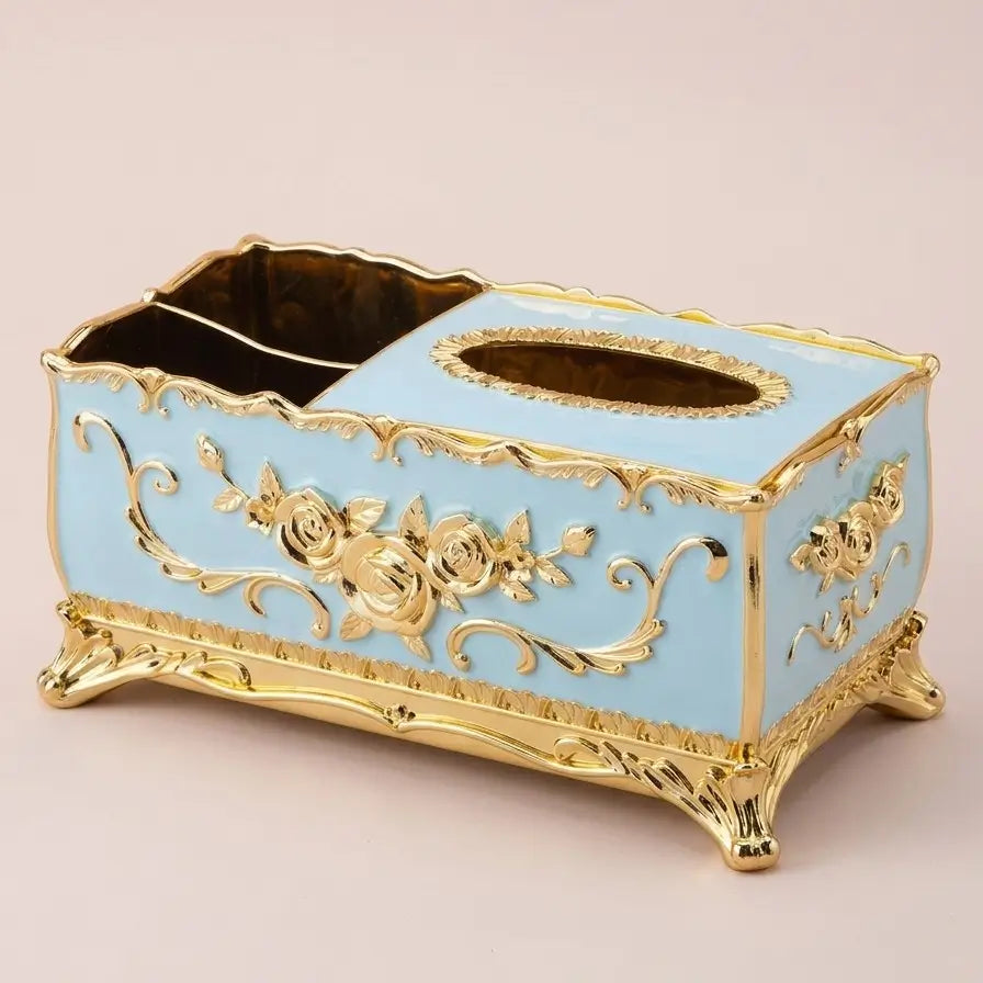 Boîte à mouchoirs bleue avec ornements dorés