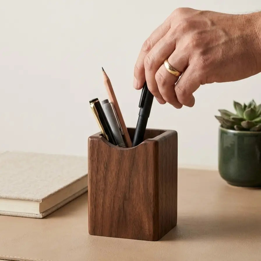  Porte-stylos Noyer avec ouverture en U pour un accès facile aux stylos.
