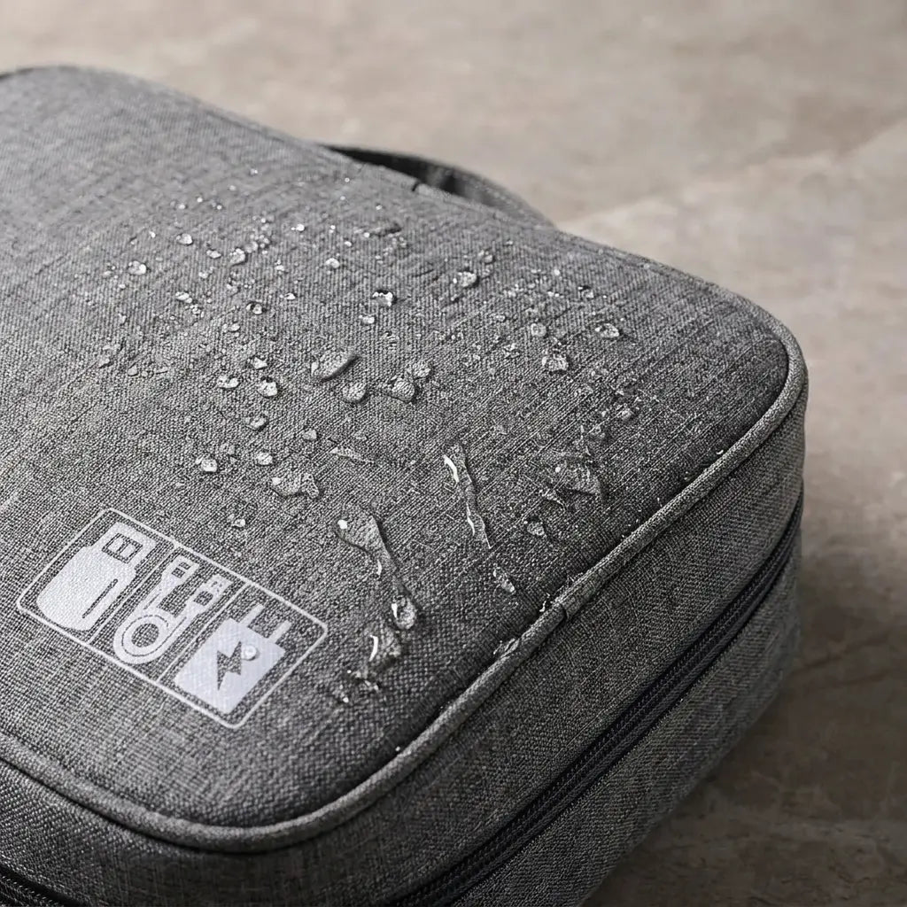 Gouttes d'eau sur le tissu anti-éclaboussures du sac Nomad