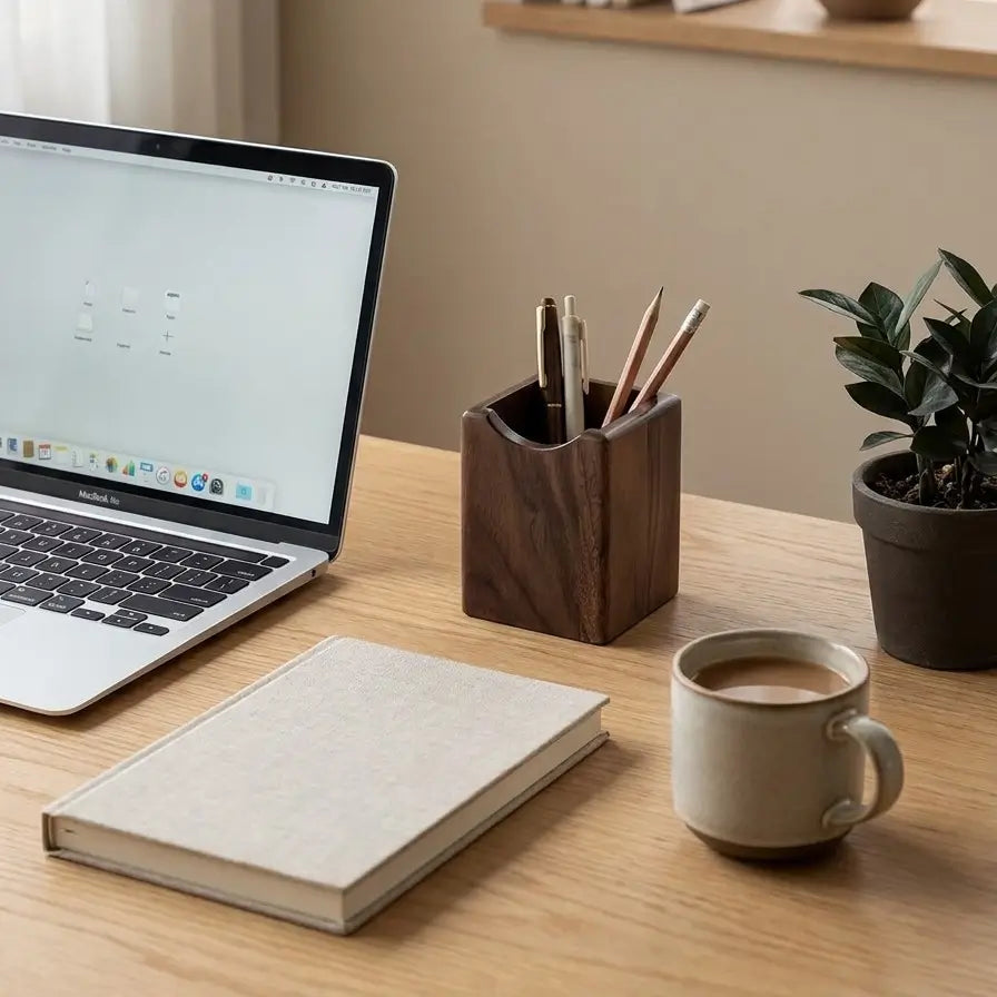 Noyer range des stylos sur un bureau minimaliste.