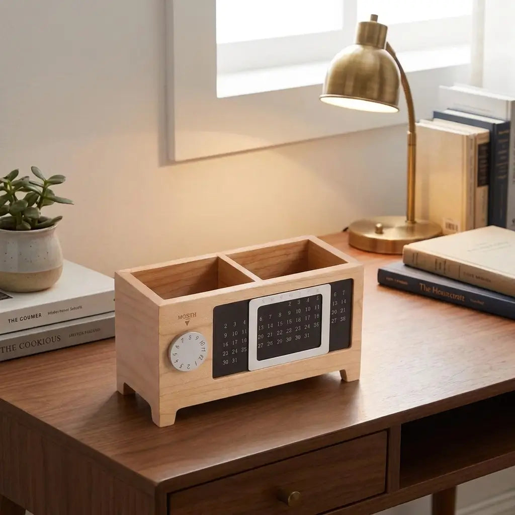 Design vintage en bois, inspiré des radios d'époque, de l'organiseur de table Horloge.