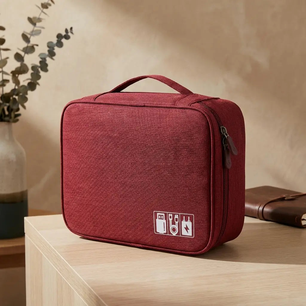 Sac de rangement électronique Nomad rouge bordeaux en tissu Oxford.
