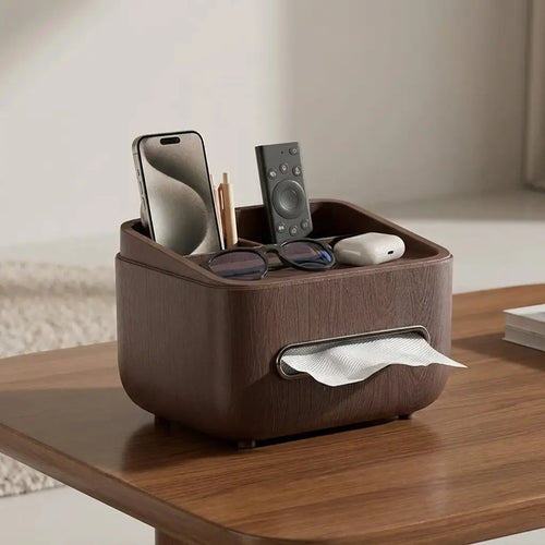 Boîte à mouchoirs avec compartiment arrière pour téléphone et rangement de table.