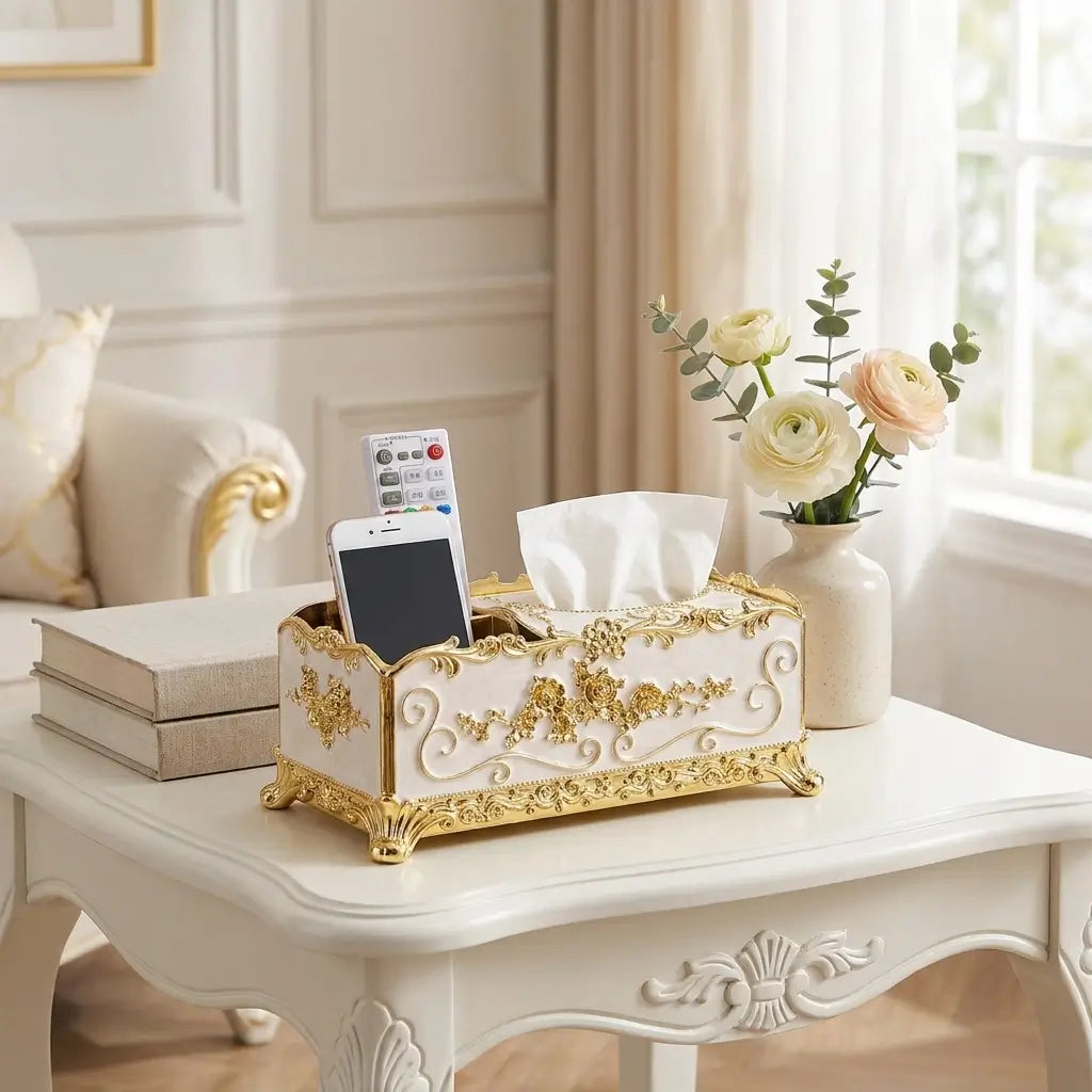 Boîte à mouchoirs dorée décorative sur une table d’appoint classique.