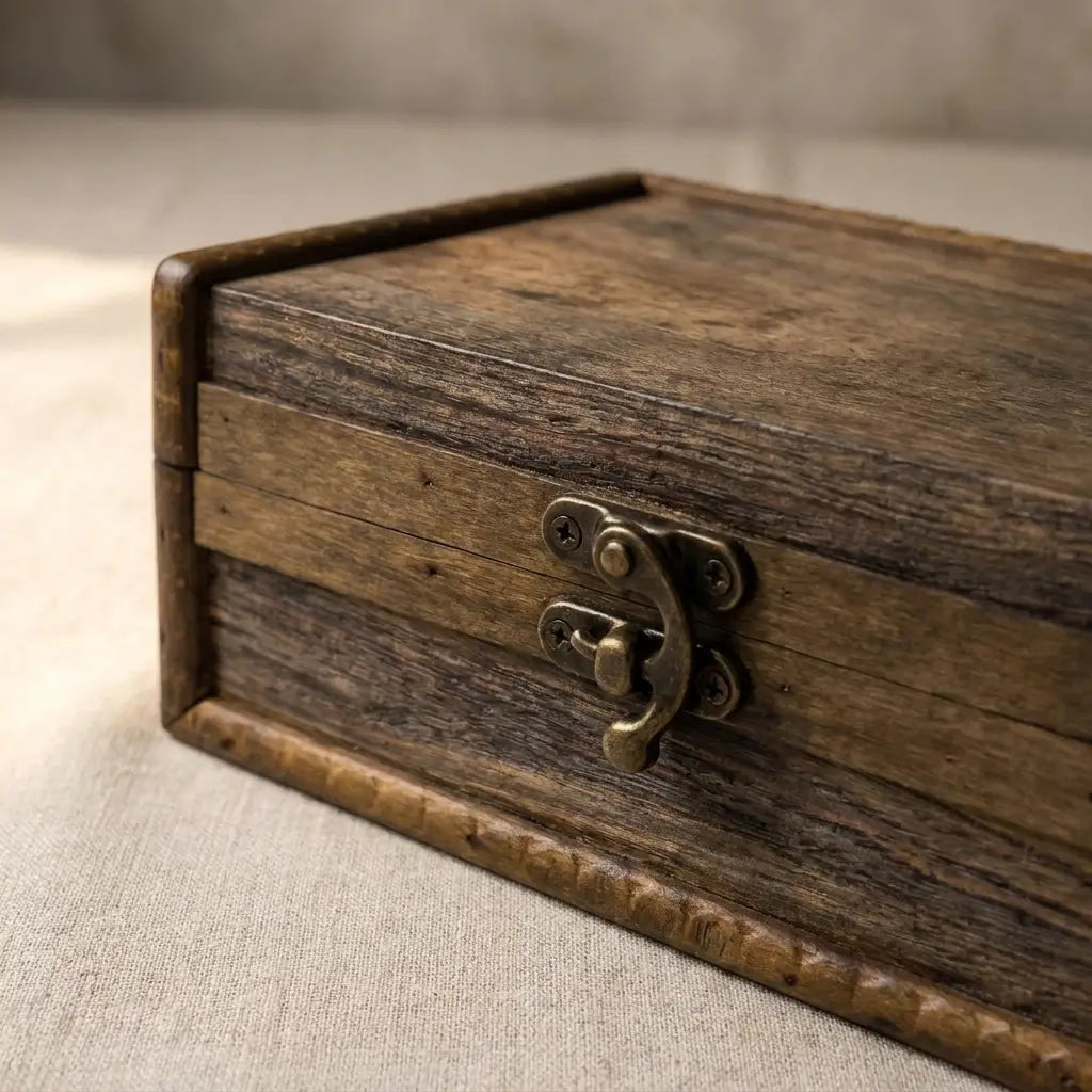 Détail du fermoir métallique et de la finition bois du boîtier vintage Vintelle.
