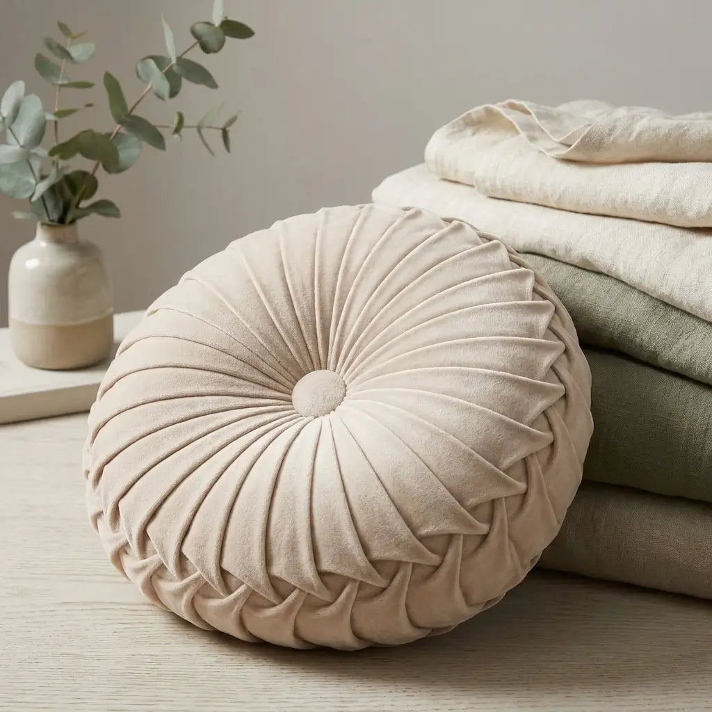 Coussin en velours bleu sur un fauteuil d'angle de lecture.