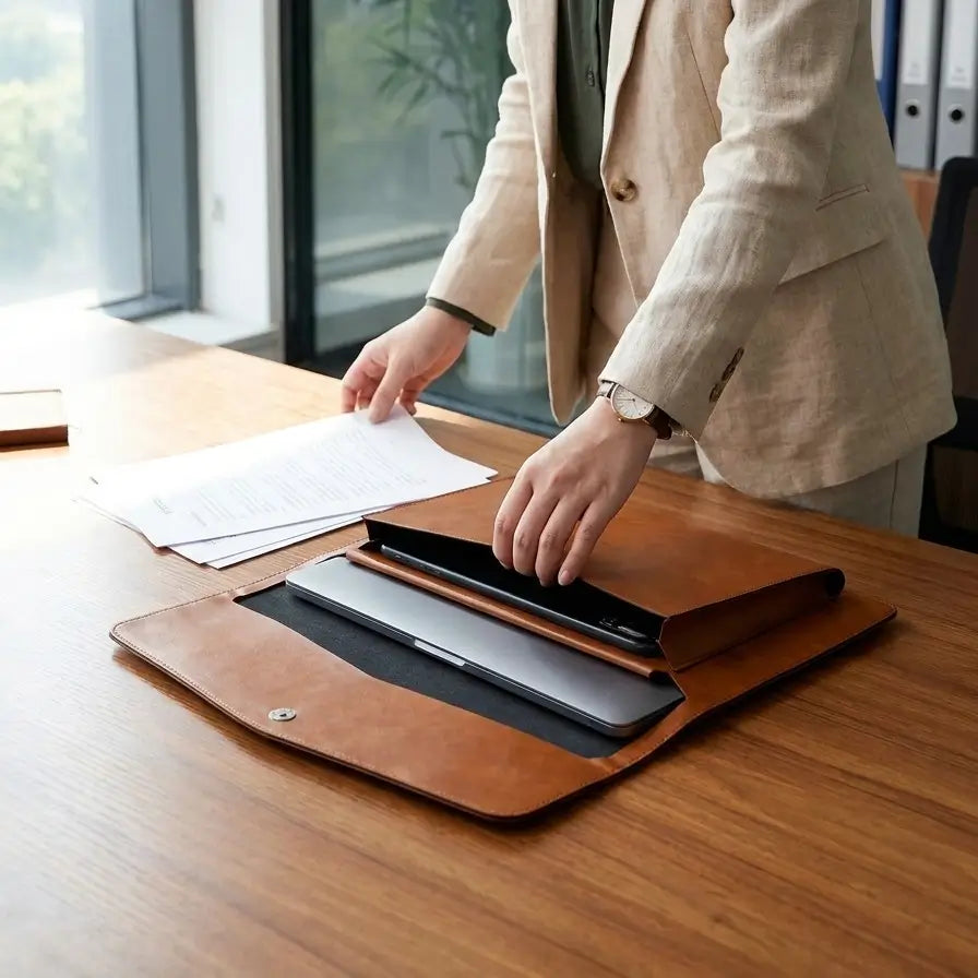 Un professionnel utilisant la mallette Ligne pour ranger ses documents et son ordinateur portable lors d'une réunion.