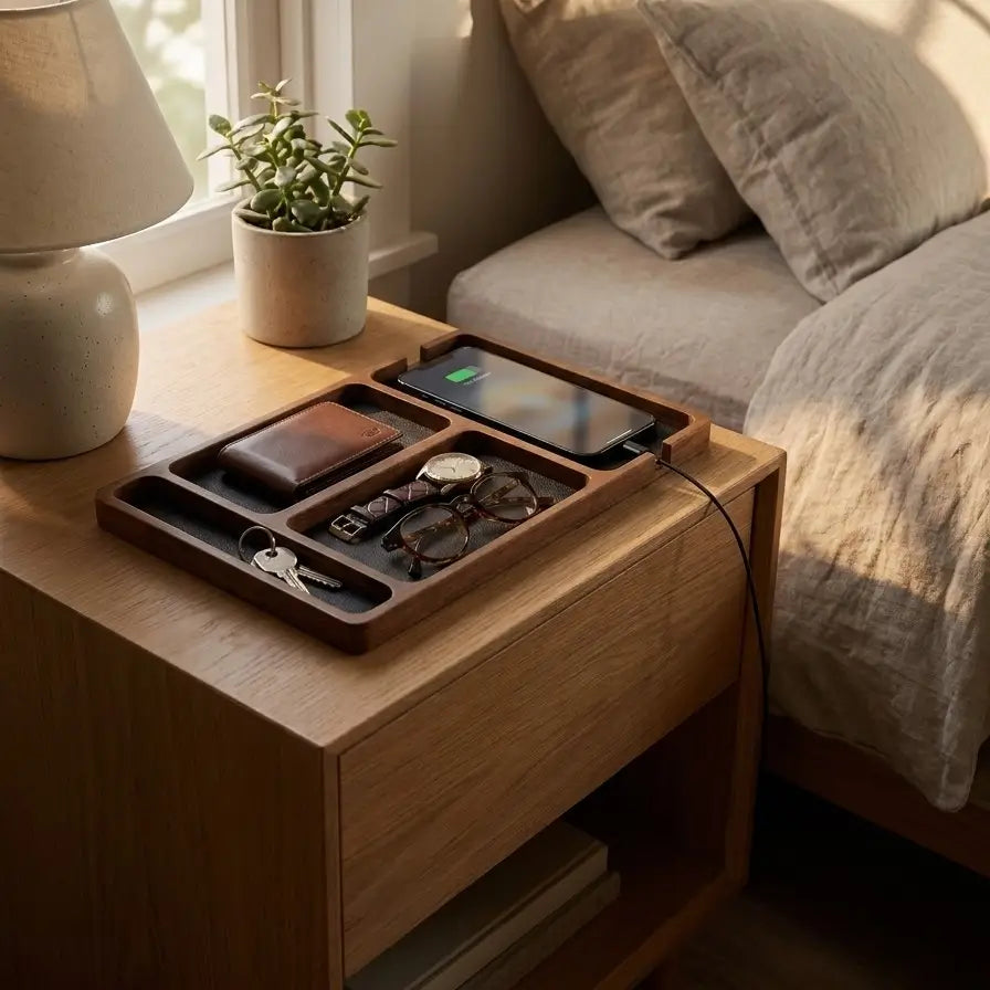 Téléphone portable posé sur le Valet, avec le câble USB passant par l'ouverture de recharge.
