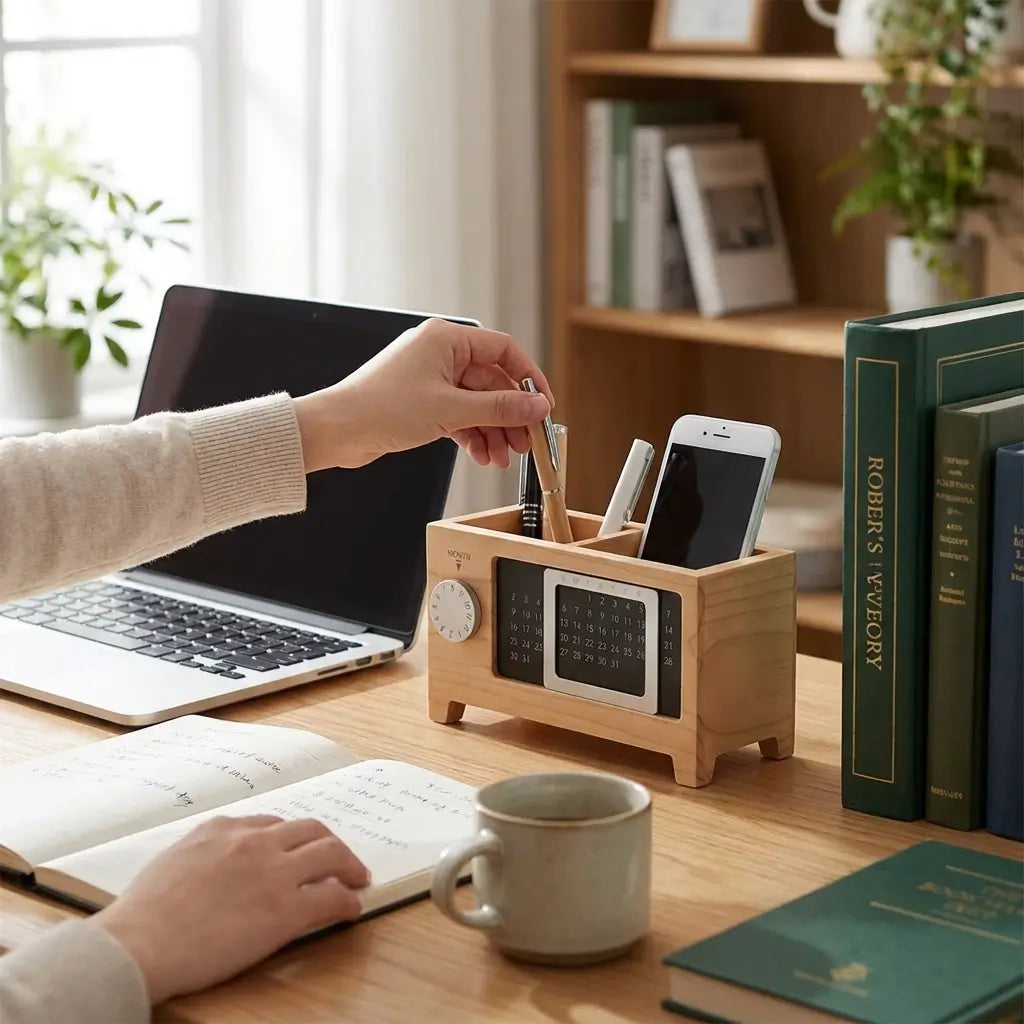 Une personne utilisant le range-bureau Horloge dans un bureau à domicile.