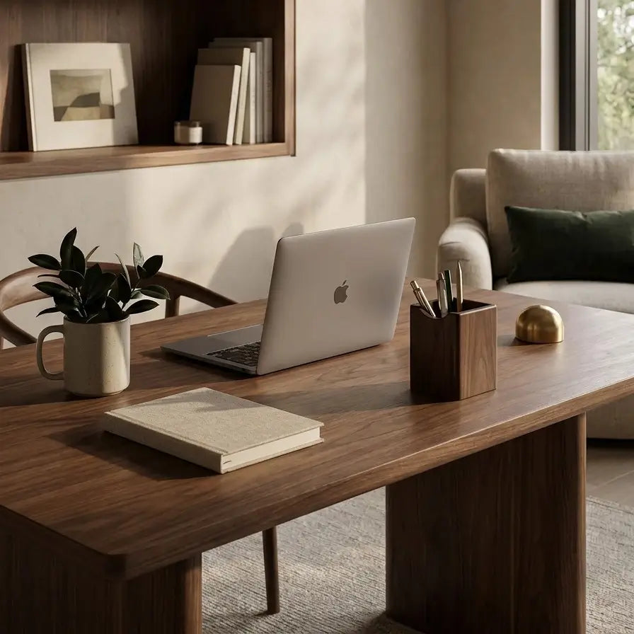 Porte-stylos Noyer en noyer, s'intégrant parfaitement au décor d'un bureau moderne.
