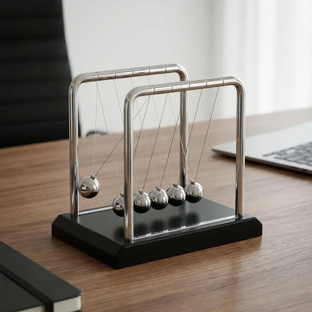 Newtona : le berceau de Newton noir et argenté posé sur un bureau moderne.

