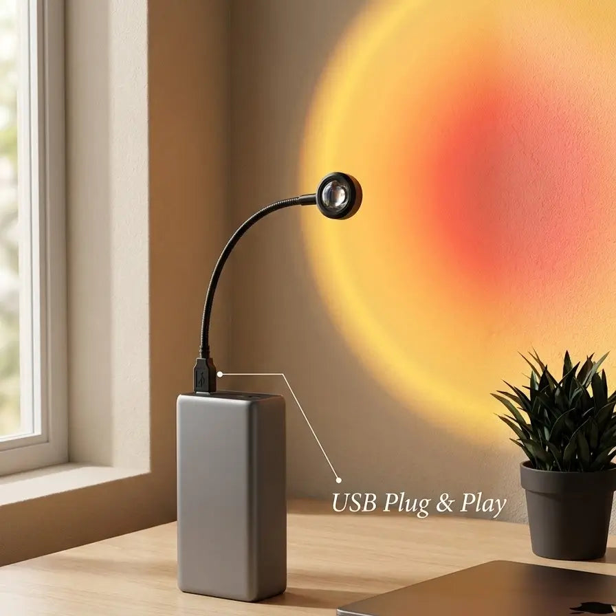 Sunora™ connectée par USB à une batterie externe dans une configuration moderne.
