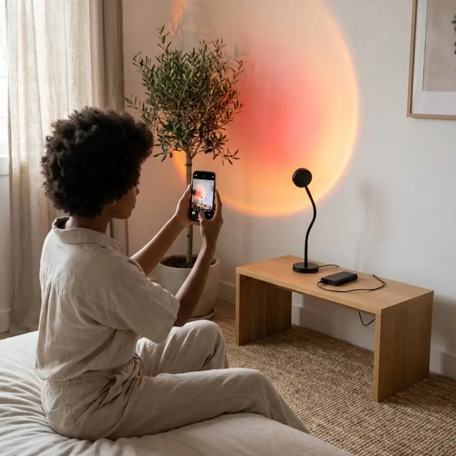  Un jeune adulte utilise Sunora™ pour créer une ambiance de coucher de soleil dans une chambre moderne.
